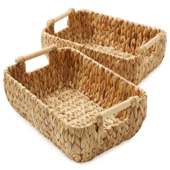 Casafield Set of 2 Water Hyacinth Seagrass Oval Storage Baskets with Wooden Handles - Woven Bin Organizers {2}
