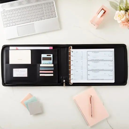 7-Ring Business Check Binder with Zipper for Checkbooks Organization, Rose Gold Zippered Portfolio Organizer, Professional PU Leather Folder Holder for Documents, Cards (15x12 in) {2}