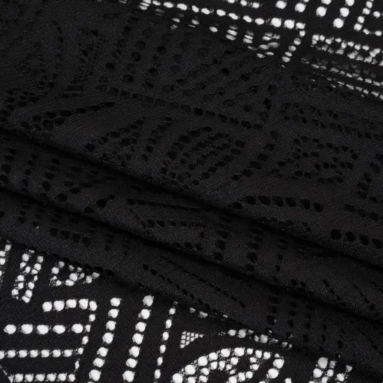 1 Yard Black Raschel Lace Fabric Geometry Leaves Organic Edge Sheer Nylon 54 Inch Width {1}