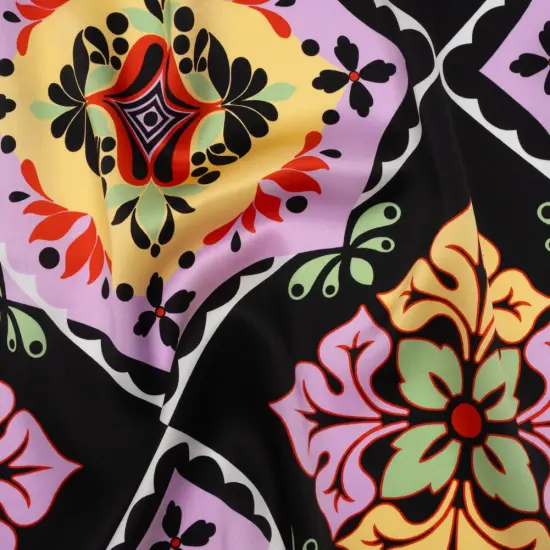 1 Yard Black, Lavenderm & Pale Yellow Floral Tiles Silk Charmeuse Print, 53 Inches Width {2}