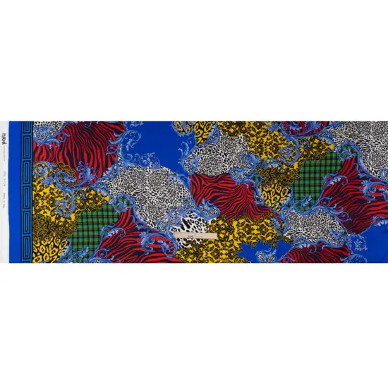 1 Yard Silk Charmeuse Patchwork Print Italian Made Red, Yellow, Blue & Greek Key, 53 Inches Width {3}