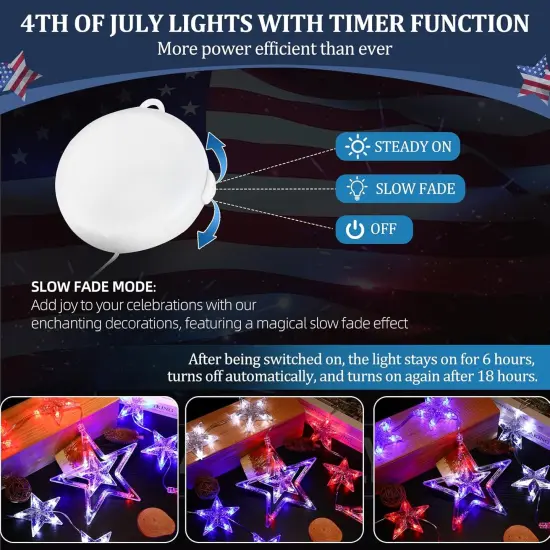 4th of July Lights, 3 Pack Red White and Blue Decorations with Timer Function {2}
