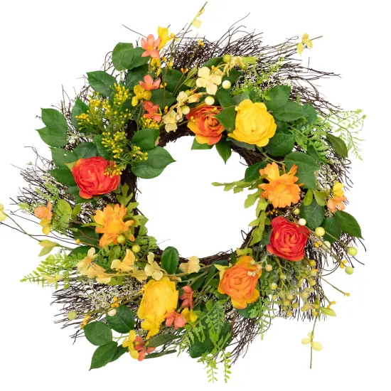 Northlight Ranunculus and Rose Floral Spring Wreath, Orange and Yellow 20" {3}
