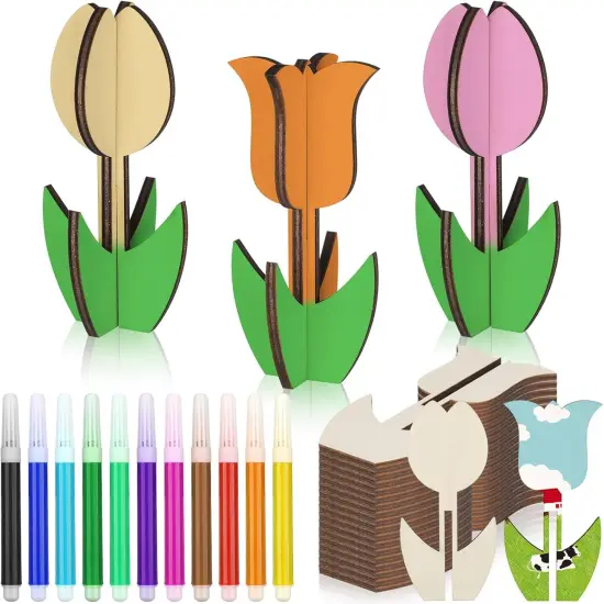 36 Pcs Summer Crafts Set 24 Wooden Flowers to Paint {1}