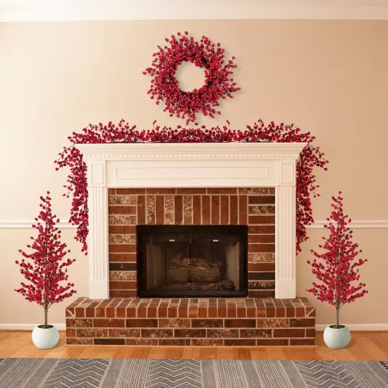 Set of 5 Christmas Red Berries 41"H Porch Tree & 6ft Garland & 25"D/14"D Wreath Set {7}