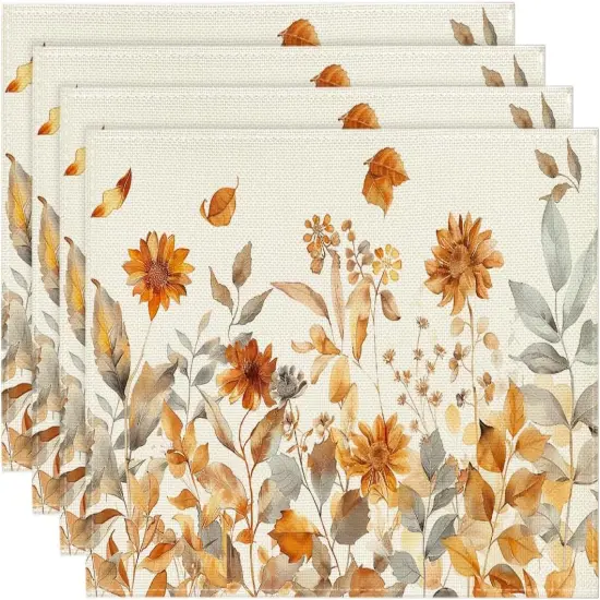 Set of 4 Fall Floral Grass Placemats - 12x18 Inch (Beige) {1}