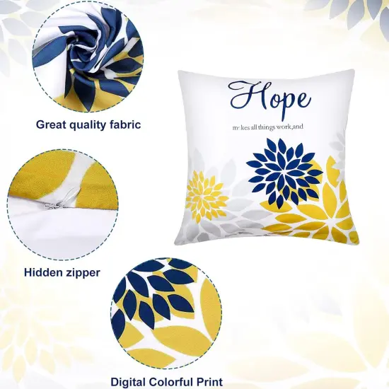 4 Pcs Yellow Flower Navy Pillow Covers Square Pillow Cushion Cases 18x18 Inch, Family Faith Hope Love Words Decorative Spring Summer Cushion Case for Sofa Bed(Yellow Series) {3}