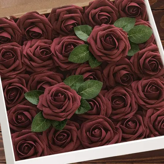 25pcs Real Looking Burgundy Foam Fake Rose Bouquets {1}