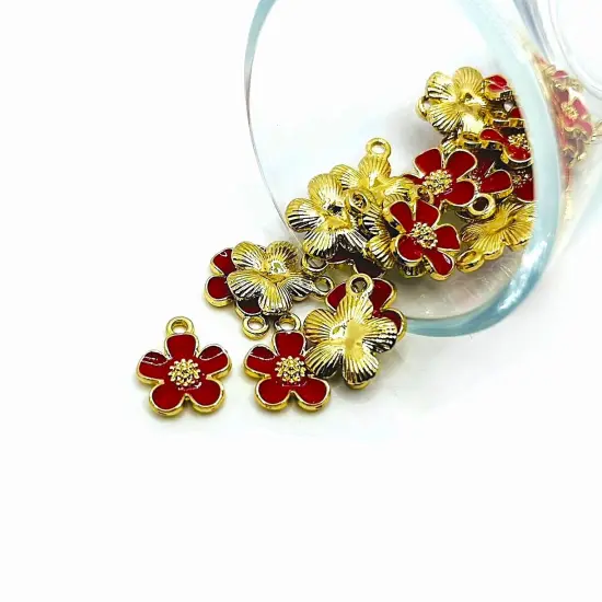Red and Gold Flower Charms, 16x13mm {1}