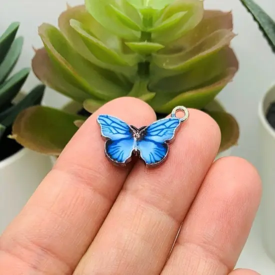 Light Blue Enamel and Silver Butterfly Charms, 14x20mm {2}
