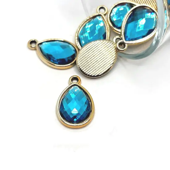Aqua Blue and Gold Acrylic Teardrop Charms, 25x16mm {1}