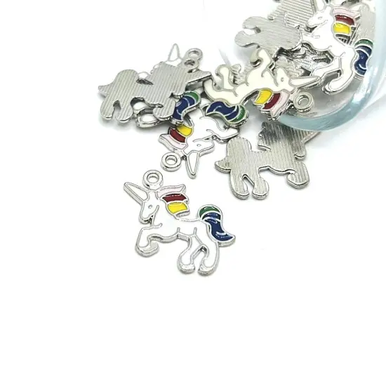 White and Rainbow Enamel Unicorn Charms, 20x21mm {1}