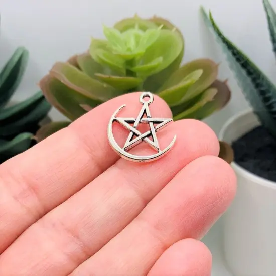 Silver Pentacle and Crescent Moon Charms, 16x17mm {3}