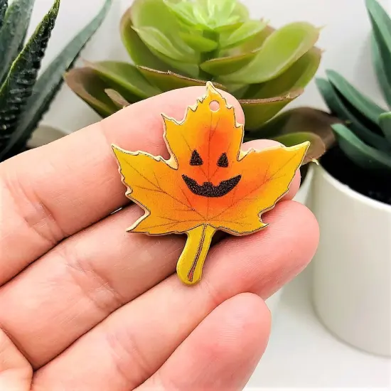 Maple Leaf Pendant with Jack o' Lantern Face, 36x35mm {4}