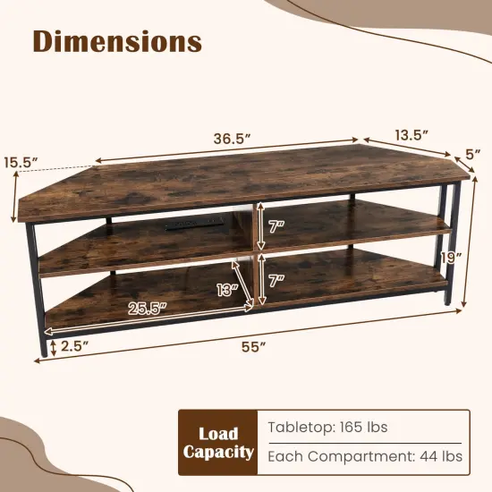 Costway Corner TV Stand for TVs up to 65" TV Console Table with AC Outlets&USB A Ports Rustic Brown/Black/White {3}
