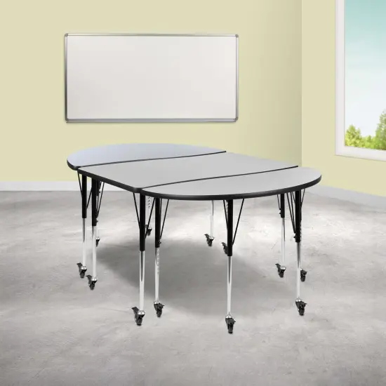 Emma and Oliver 3 Mobile Piece 76" Oval Wave Collaborative Grey Adjustable Activity Table Set Oak {7}