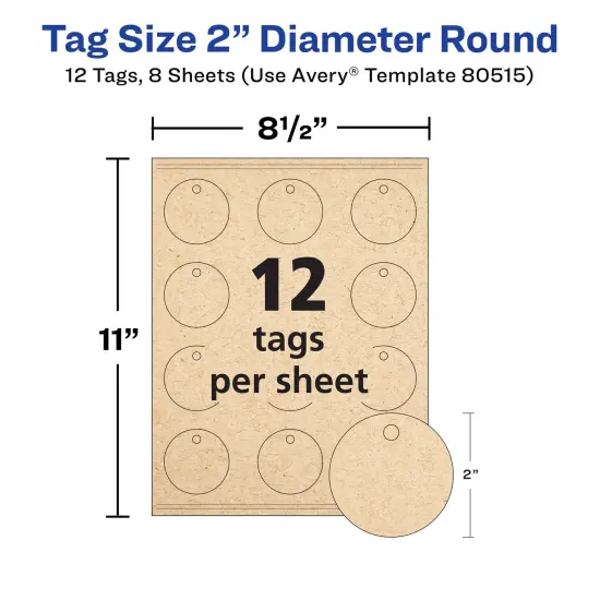Avery Kraft Brown Round Tags with Sure Feed Technology, 2" Diameter, Laser/Inkjet, 96 Printable Tags with Strings Included, Also Great for Gift Tags and Favor Tags (80515) {5}