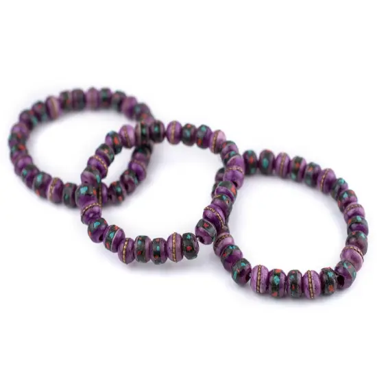 The Bead Chest Mala Stretch Bracelet, Light Purple - Stackable Nepal Bone Inlaid with Turquoise & Coral Colors, 100% Authentic and Genuine {3}