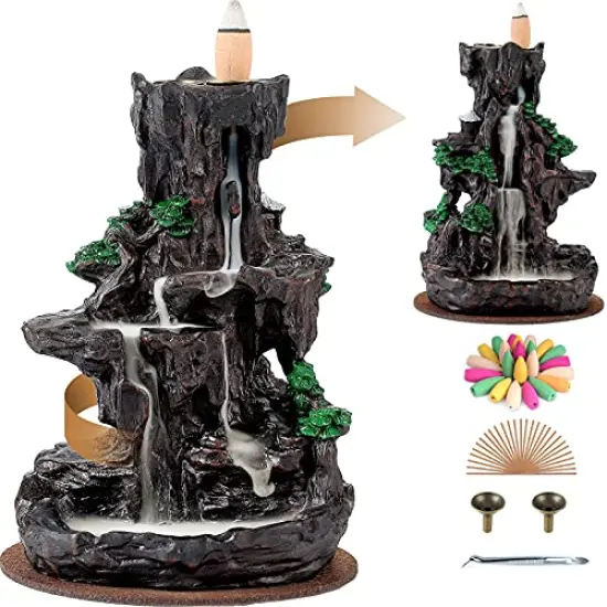 Dual Sided Incense Burner, Resin River Tower Backflow Incense Holder, Cool Aromatherapy Incense Fountain Smoke Mountain Waterfall with 120 Upgraded Incense Cones+30 Incense Sticks {2}