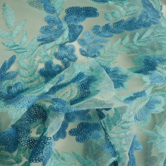 1 Yard Mesh Sequins Embroidery Fabric, Polyester Spandex Blend GREEN {3}