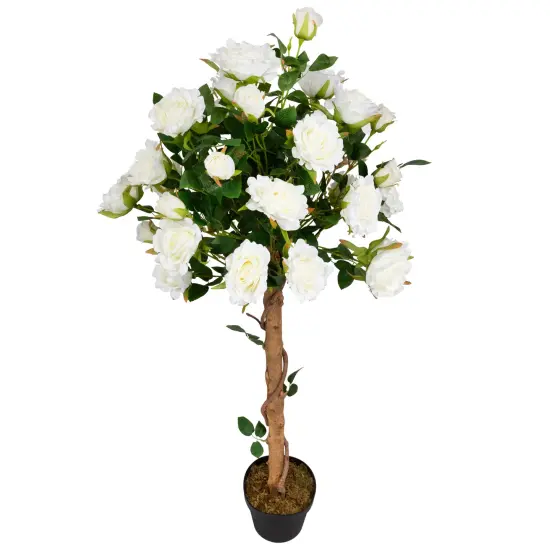 Northlight Potted Floral Artificial Roses in Bloom Garden Tree - White - 4' Green {5}