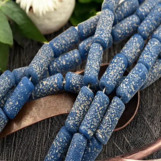 10x25mm Matte Pacific Blue Pompeii Tube Beads (18" Strand) - Indonesian Glass Beads {1}