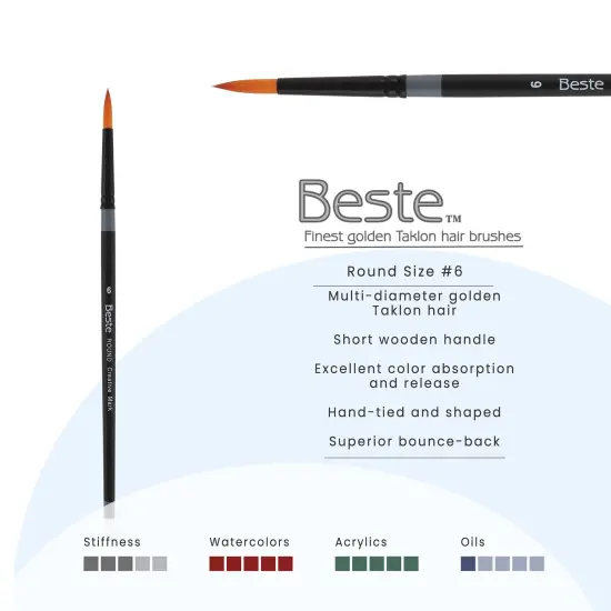 Creative Mark Beste Golden Taklon Round #6 Pack of 3 Artist Brushes, Professional Watercolor Brushes, For Acrylic Painting, Short Handle, Sharp Edges, Hand-Tied & Shaped {3}