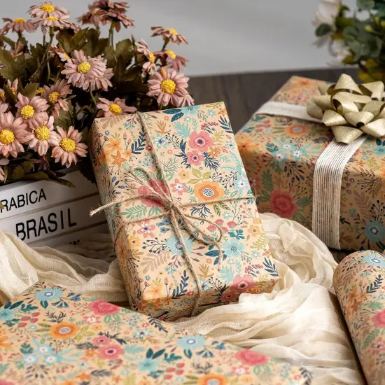 Colorful Floral Kraft Wrapping Paper Roll - 17Inch x 33Feet {2}
