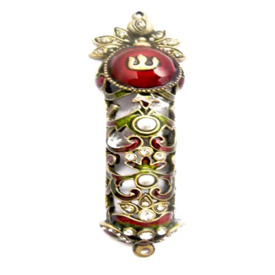 Metal Mezuzah Case Antique Brass Burgundy Green with Clear Crystals White Pearls {1}