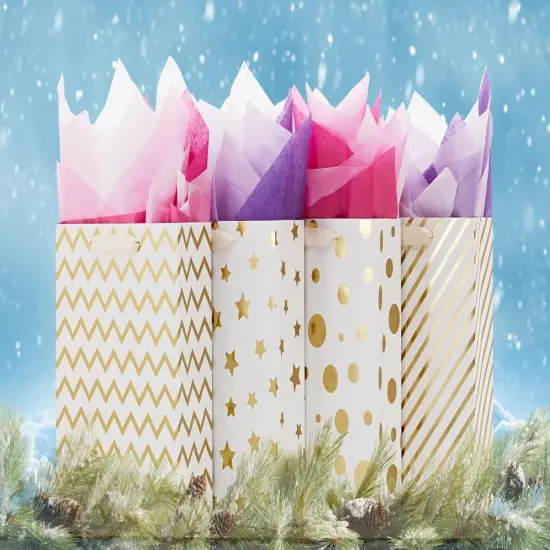 12PCS Metallic Gold Christmas Gift Bags Bulk with Handle, Large 12.5 x10 Inch, Assorted Modern Geometric Paper Gift Wrap Bags {5}