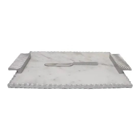 Marble Challah Board Silver Polish with Handles and Knife {2}