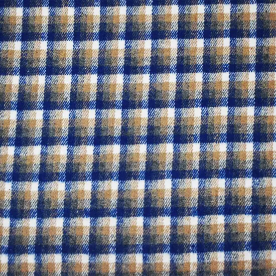 Blue-Beige-White Poly-Wool Single Sided Brush Plaid Jacketing Fabric By the Yard {4}