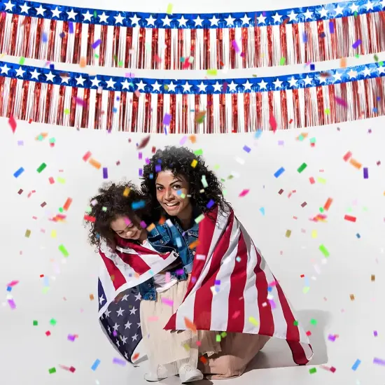 4th of July Decorations 4 Pack 40Ft Tinsel Foil Fringe Garland Streamers Hanging Red White Blue Fringe Backdrop Banner for Parade Floats Decor 4th of July America Patriotic Day Memorial Day {4}