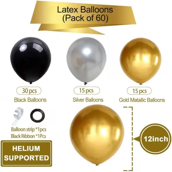 Black Gold Silver Balloons Set, 60 Pcs 12 Inch Metallic Chrome Gold Silver Balloons Black Silver Gold Balloons for Birthday, New Year, Wedding Party Decoration {2}