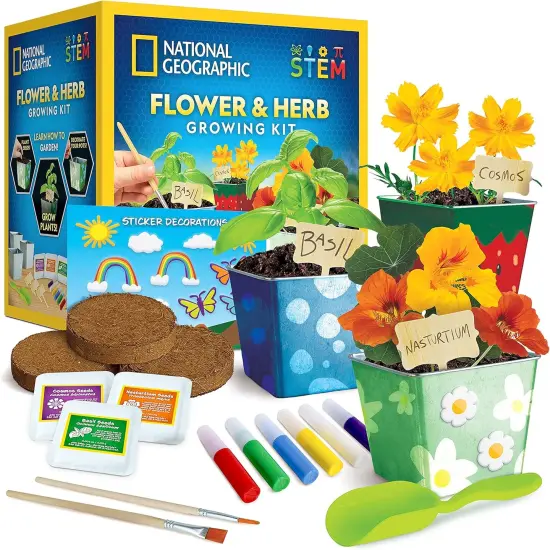 National Geographic Summer Flower & Herb Gardening Kit for Kids - Gardening Set with 3 Stainless Steel Pots, Paint & Stickers, Outdoor Toys, Craft Kits, Kids Plant Growing Kit, Easter Basket Stuffers {1}