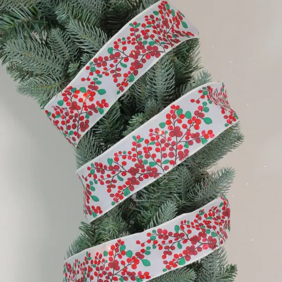 Northlight Red Berries on Branches Christmas Wired Craft Ribbon 2.5" x 16 Yards {3}