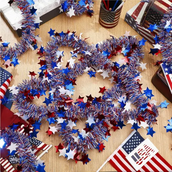 2 Pcs 80 Feet Memorial Day Patriotic Garland Decoration 4th of July Red White Blue Star Independence Day Tinsel Garland Metallic Tree Garland Glitter Tinsel Hanging Twist for Holiday Day Decor {4}