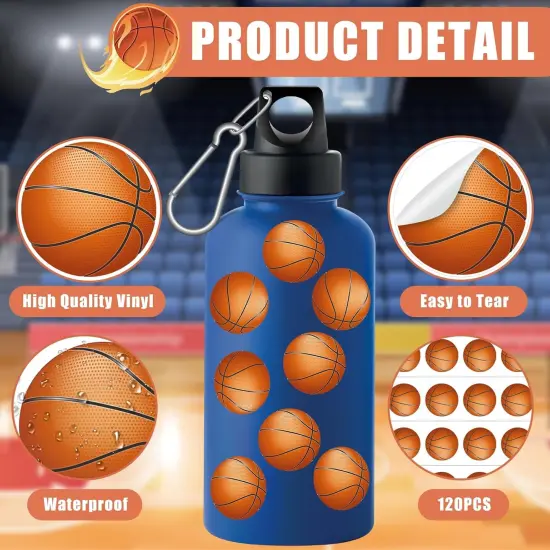 120 Pcs Basketball Stickers Vinyl, Basketball Stickers for Water Bottle Kids Girls Boys, Sports Ball Decals Waterproof for Basketball Sports {3}