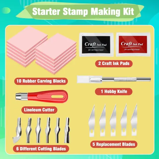 10-Pack Linoleum Blocks for Printmaking with Cutter Tools, Rubber Stamp Making Kit Rubber Block Stamp Carving Blocks Craft Ink Pad Hobby Knife Pencil for DIY Printmaking {3}