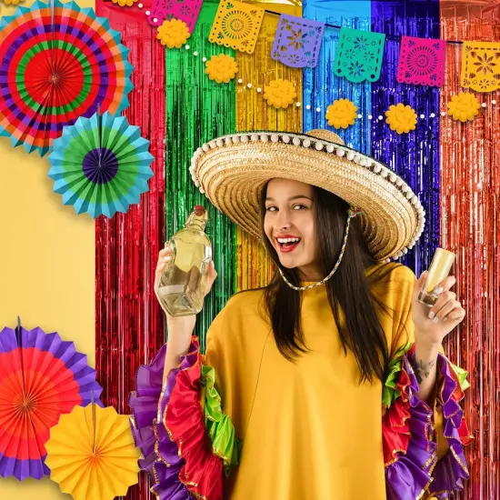 Cinco de Mayo Decorations, 2 Pack Fiesta Foil Fringe Curtains Backdrop, 3.3x6.6ft Mexican Themed Tinsel Streamers, Perfect for Spain Taco Party Photo Booth Props, Dia De Los Muertos Decor {4}