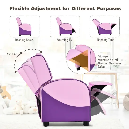 Kids Adjustable Recliner Chair with 2 Side Storage Pockets Ideal for Children Room or Home Theater Pink {6}
