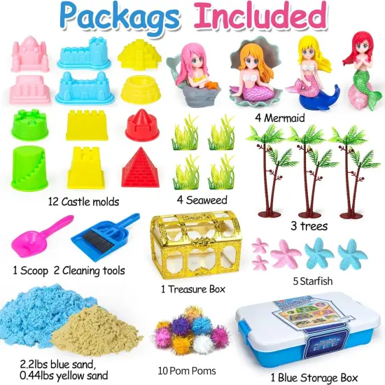 Summer Mermaid Sensory Bin Sandbox Toys for Toddlers Girls Kids- Mermaid Toys for Kids Play Sand Kit Sensory Sand Bin Toys with 2.2 lbs Sand & Castle Mold,Great Christmas Birthday Gift for Girl Kids {4}