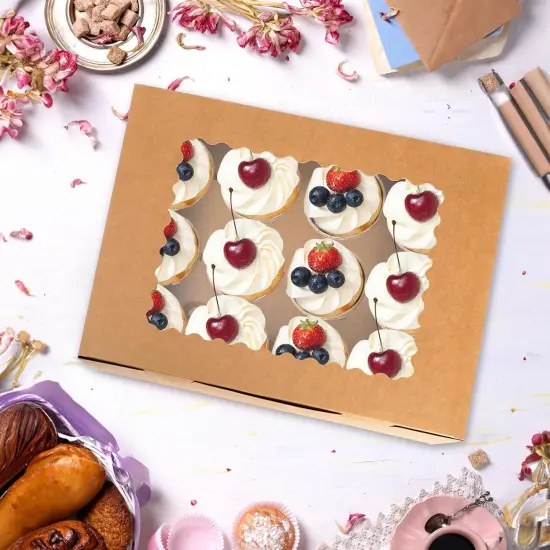 20 Pack Cupcake Boxes, 12 Counts Dozen Cupcake Containers with Window and Insert, Brown Bakery Pastry Treat Boxes for Muffins, Cookies, Donuts, Take Out Containers for Party {5}
