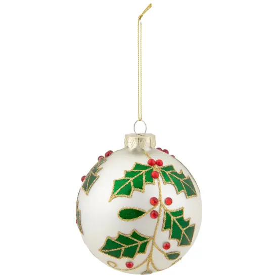 Northlight Holly and Berries Christmas Glass Ball Ornament - 4" - White and Green {4}
