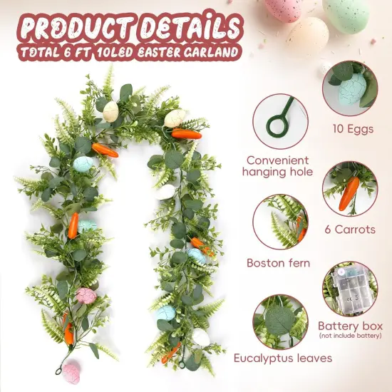 Easter Garland for Spring Decoration 6 FT Easter Artificial Garlands with 10 Glowing Easter Eggs & 6 Easter Carrots, Fern Garland for Home Kitchen Fireplace Indoor Outdoor Holiday Party {4}
