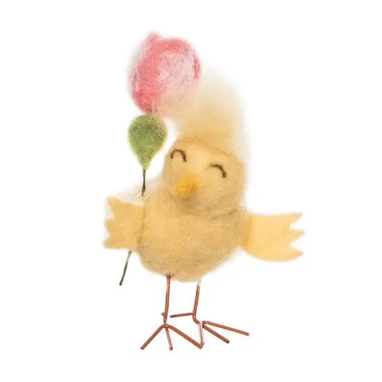 4.33" Easter Spring Chick & Pink Tulip Flower Floral Decorative Tabletop Figurine {1}