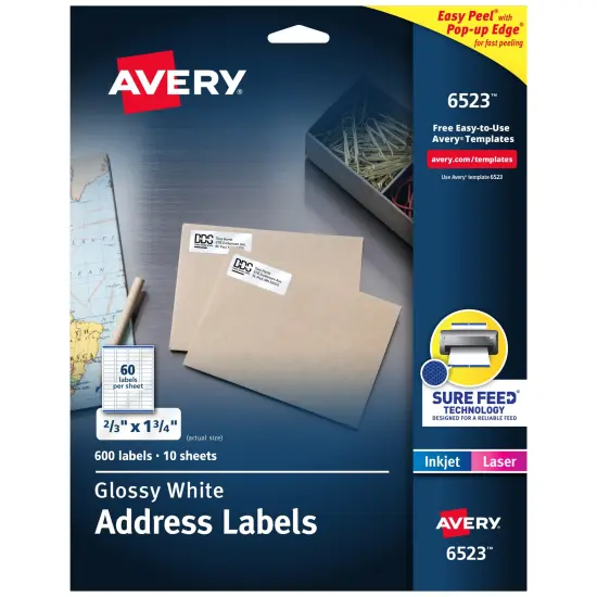 Avery Return Address Labels with Sure Feed and Easy Peel Technology, Glossy White Labels, 2/3" x 1-3/4", Permanent Adhesive, Laser/Inkjet, 600 Glossy Labels (6523) {1}