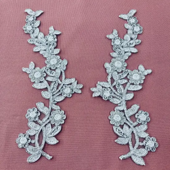 1 Pair Beaded & Corded Floral Lace Applique Embroidered on 100% Polyester Mesh 10" x 3" Each Side Silver {1}