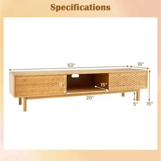 Costway 63" Bamboo TV Stand with 3 Storage Cubes Sliding Doors Mid Century Storage Cabinet {3}