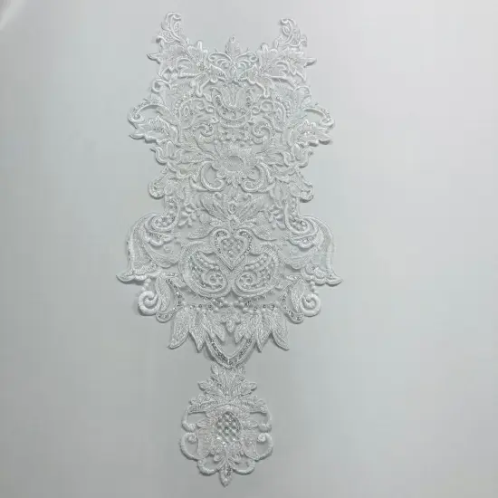 Beaded & Corded Lace Medallion Applique on 100% Polyester Mesh 25" X 10.5" Each White Color {1}